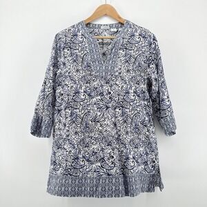 Sigrid Olsen 100% Linen Tunic‎ Top Blue White Floral Paisley Print Medium Luxury